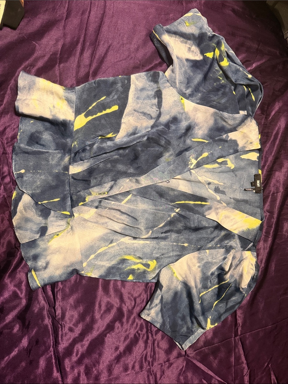 DKNY Blue Tie-Dye Short Sleeve Top with Yellow Accents